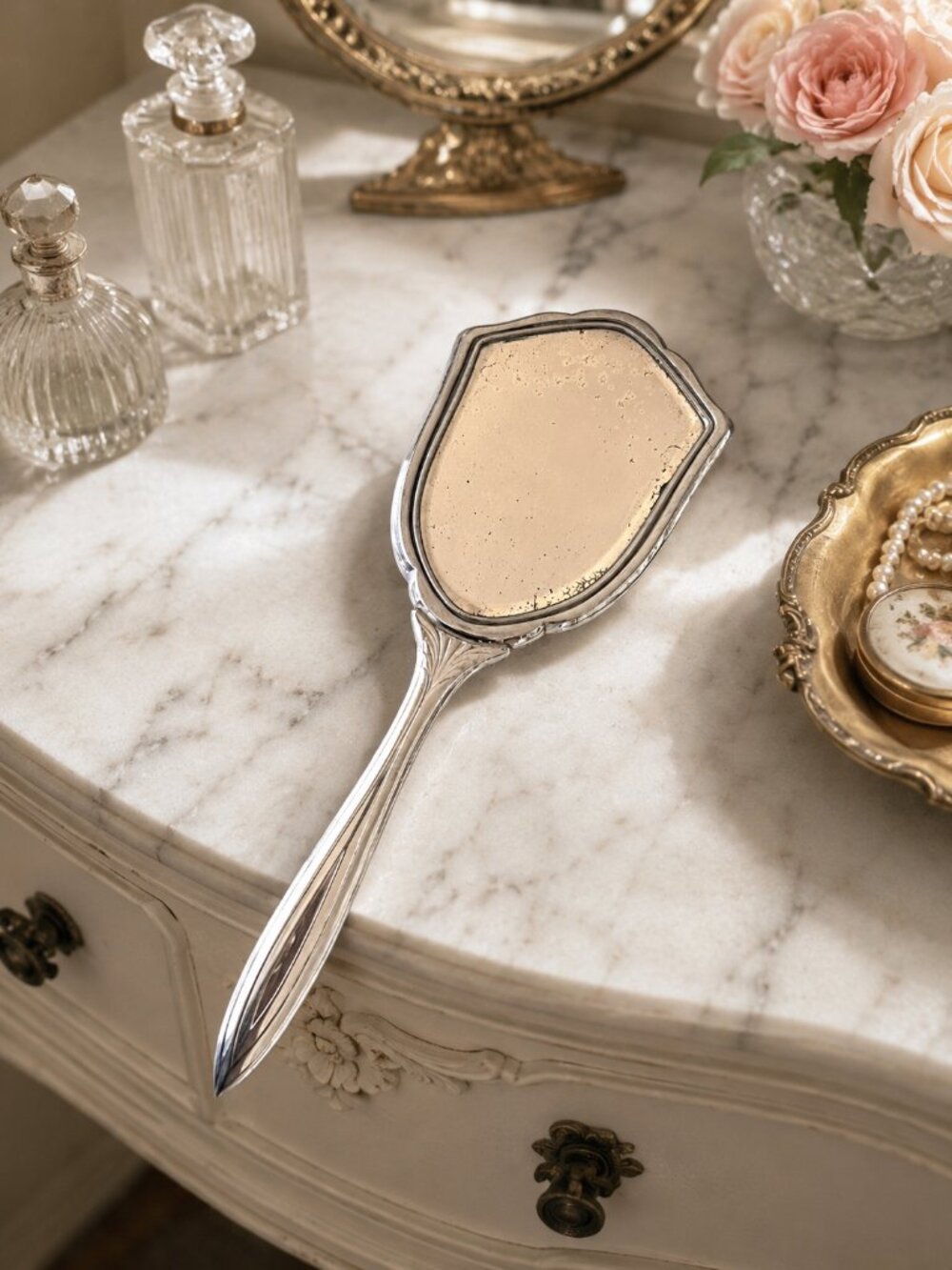 Vintage EVANS Pink Vanity Hand Mirror Art Deco Silver Plate
